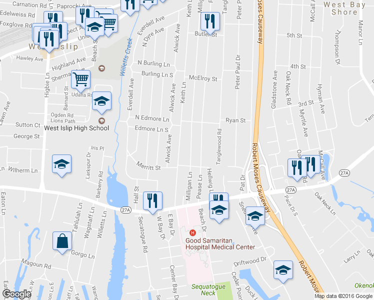 map of restaurants, bars, coffee shops, grocery stores, and more near 538 Milligan Lane in West Islip