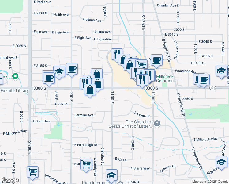 map of restaurants, bars, coffee shops, grocery stores, and more near 1108 East 3300 South in Salt Lake City