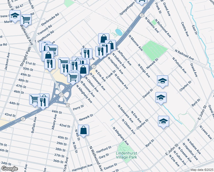 map of restaurants, bars, coffee shops, grocery stores, and more near 675 North Erie Avenue in Lindenhurst