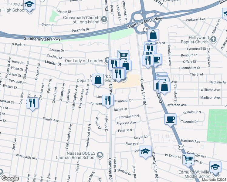 map of restaurants, bars, coffee shops, grocery stores, and more near 7 Bernard St in Massapequa