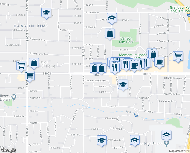 map of restaurants, bars, coffee shops, grocery stores, and more near 2780 East 3300 South in Salt Lake City