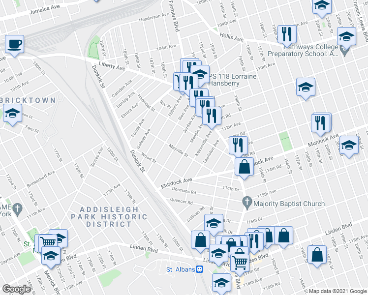 map of restaurants, bars, coffee shops, grocery stores, and more near 188-11 Mangin Avenue in Queens