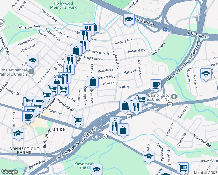map of restaurants, bars, coffee shops, grocery stores, and more near 1855 Portsmouth Way in Union