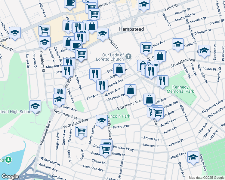 map of restaurants, bars, coffee shops, grocery stores, and more near 49 Marvin Avenue in Hempstead
