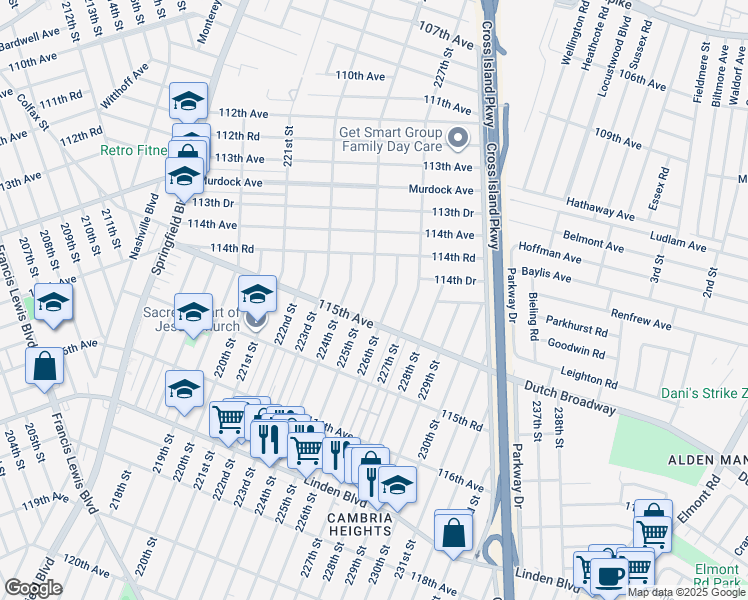 map of restaurants, bars, coffee shops, grocery stores, and more near 114-69 225th St in Queens