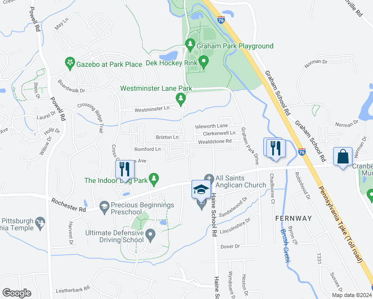 map of restaurants, bars, coffee shops, grocery stores, and more near 111 Lewisham Road in Cranberry Township