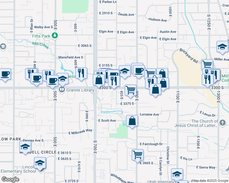 map of restaurants, bars, coffee shops, grocery stores, and more near 772 East 3300 South in Millcreek