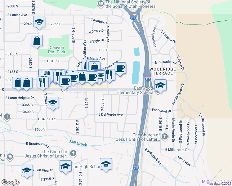 map of restaurants, bars, coffee shops, grocery stores, and more near 3341 East Santa Rosa Avenue in Salt Lake City