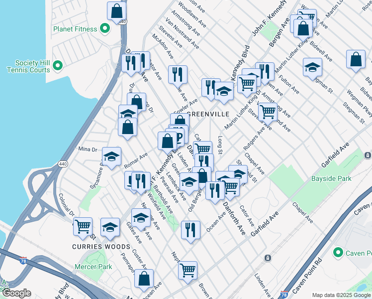 map of restaurants, bars, coffee shops, grocery stores, and more near 239 Danforth Avenue in Jersey City