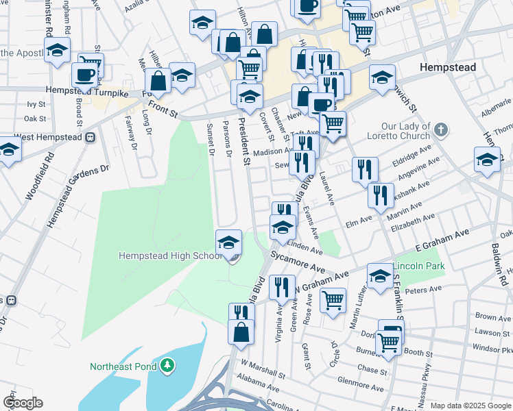 map of restaurants, bars, coffee shops, grocery stores, and more near 1086 President Street in Hempstead