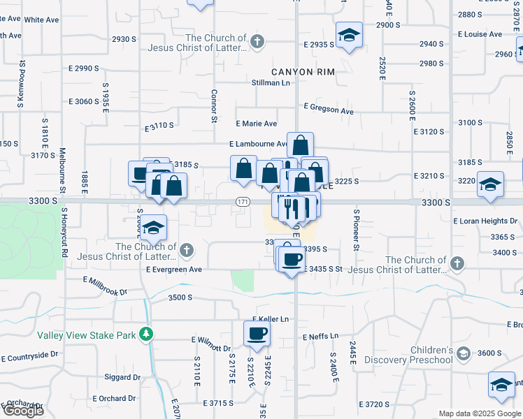 map of restaurants, bars, coffee shops, grocery stores, and more near 2220 3300 South in Salt Lake City