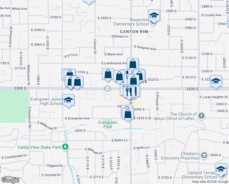 map of restaurants, bars, coffee shops, grocery stores, and more near 2220 3300 South in Salt Lake City