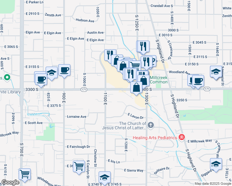 map of restaurants, bars, coffee shops, grocery stores, and more near 1156 East 3300 South in Millcreek