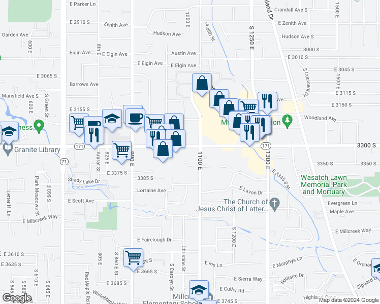map of restaurants, bars, coffee shops, grocery stores, and more near 1060 East 3300 South in Salt Lake City