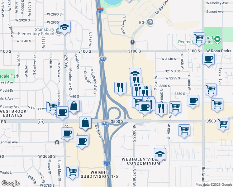 map of restaurants, bars, coffee shops, grocery stores, and more near 2310 City Center Court in West Valley City
