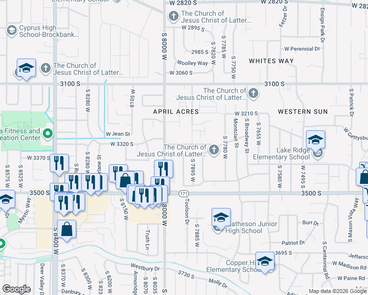 map of restaurants, bars, coffee shops, grocery stores, and more near 7899 West 3320 South in Magna