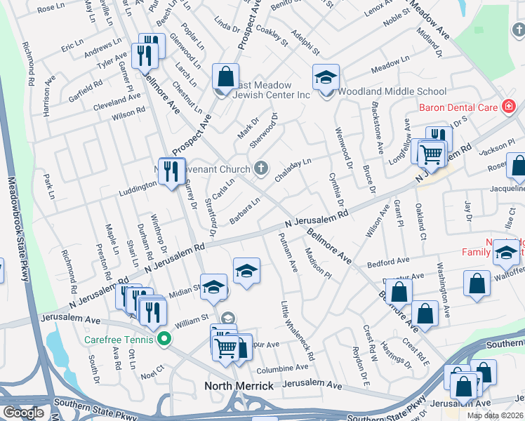 map of restaurants, bars, coffee shops, grocery stores, and more near 901 Little Whaleneck Road in East Meadow
