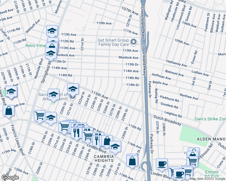 map of restaurants, bars, coffee shops, grocery stores, and more near 114-69 225th Street in Queens