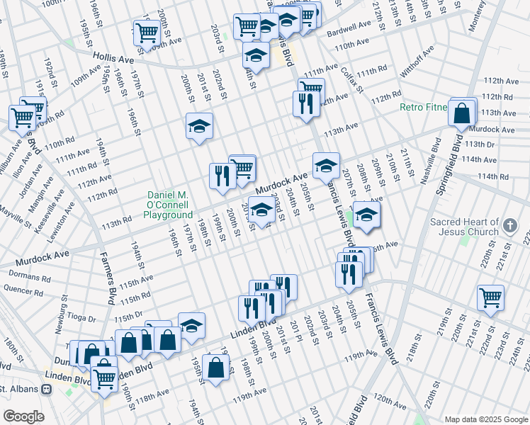 map of restaurants, bars, coffee shops, grocery stores, and more near 114-39 202nd Street in Queens