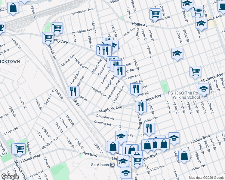 map of restaurants, bars, coffee shops, grocery stores, and more near 33 Keeseville Avenue in Queens