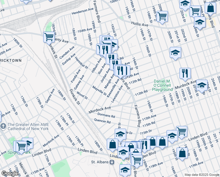 map of restaurants, bars, coffee shops, grocery stores, and more near 33 Keeseville Avenue in Queens
