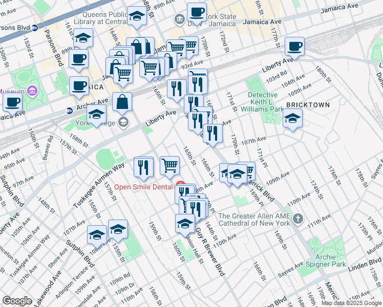 map of restaurants, bars, coffee shops, grocery stores, and more near 104-33 164th Place in Queens