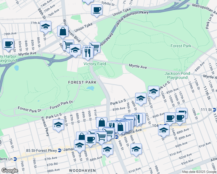 map of restaurants, bars, coffee shops, grocery stores, and more near 83-1 98th Street in Queens