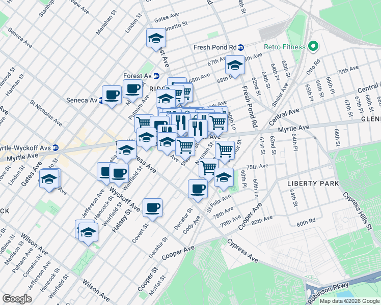 map of restaurants, bars, coffee shops, grocery stores, and more near 18-23 Stephen Street in Queens