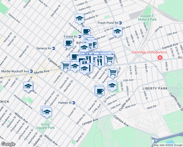 map of restaurants, bars, coffee shops, grocery stores, and more near 18-23 Stephen Street in Queens