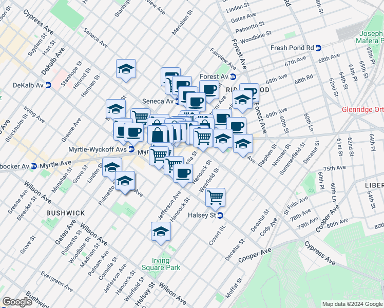 map of restaurants, bars, coffee shops, grocery stores, and more near 16-71 Cornelia Street in Queens