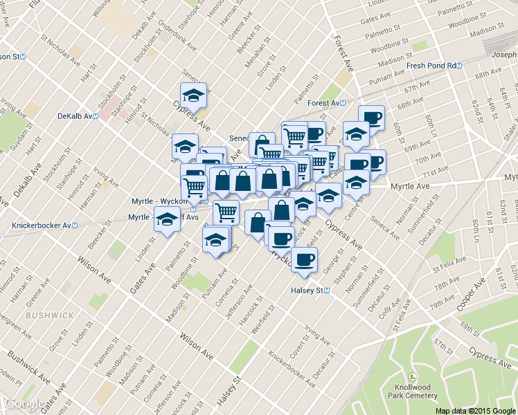 map of restaurants, bars, coffee shops, grocery stores, and more near 16-47 Putnam Avenue in Queens