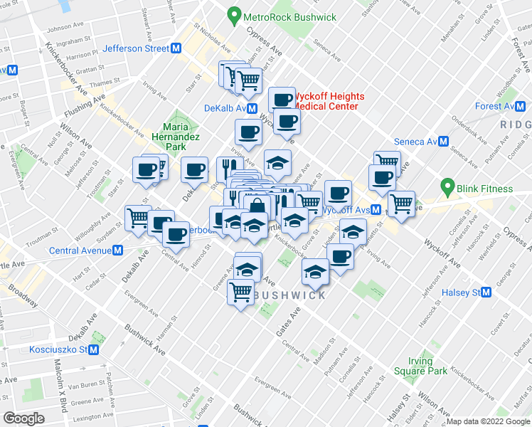 map of restaurants, bars, coffee shops, grocery stores, and more near 1333 Greene Avenue in Brooklyn