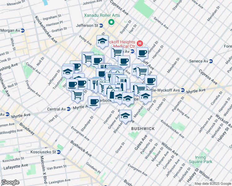 map of restaurants, bars, coffee shops, grocery stores, and more near 180 Stanhope Street in Brooklyn