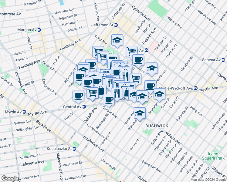 map of restaurants, bars, coffee shops, grocery stores, and more near 161 Stockholm Street in Brooklyn