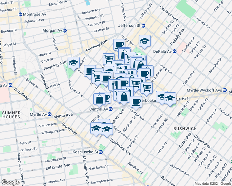 map of restaurants, bars, coffee shops, grocery stores, and more near 172 Suydam Street in Brooklyn