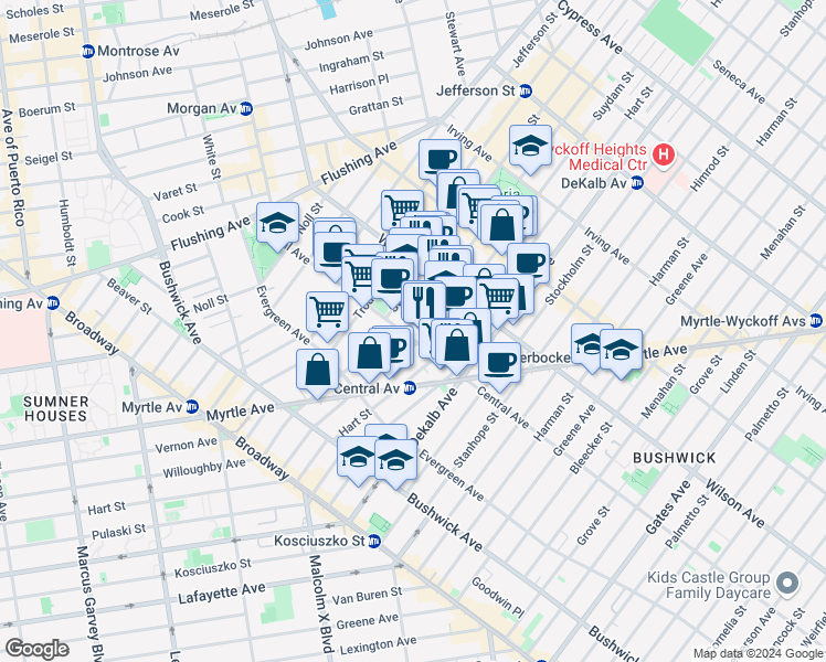 map of restaurants, bars, coffee shops, grocery stores, and more near 1039 Willoughby Avenue in Brooklyn