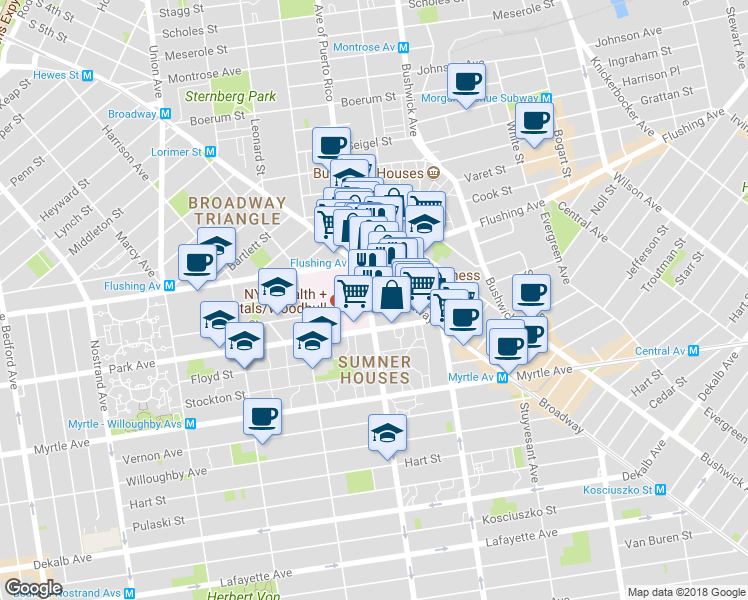map of restaurants, bars, coffee shops, grocery stores, and more near 7 Marcus Garvey Boulevard in Brooklyn