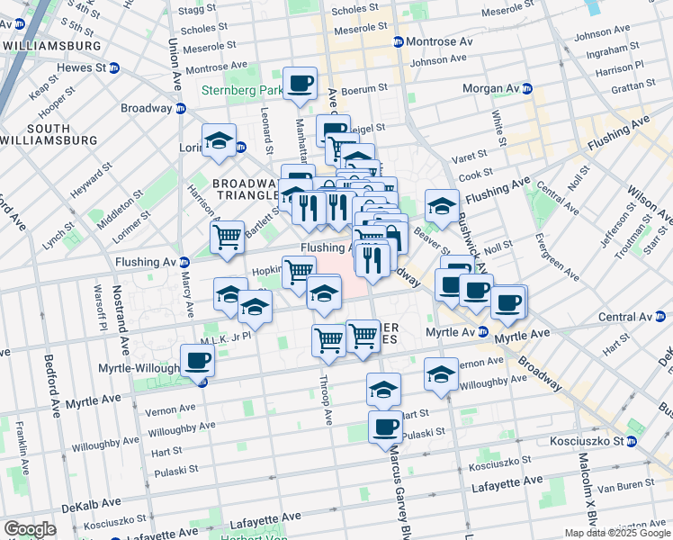 map of restaurants, bars, coffee shops, grocery stores, and more near 720 Flushing Avenue in Brooklyn