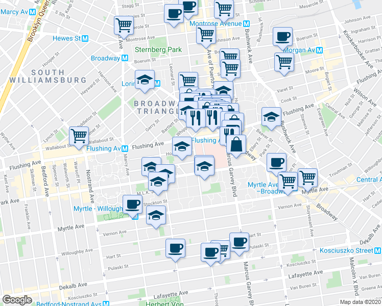 map of restaurants, bars, coffee shops, grocery stores, and more near 157 Throop Avenue in Brooklyn