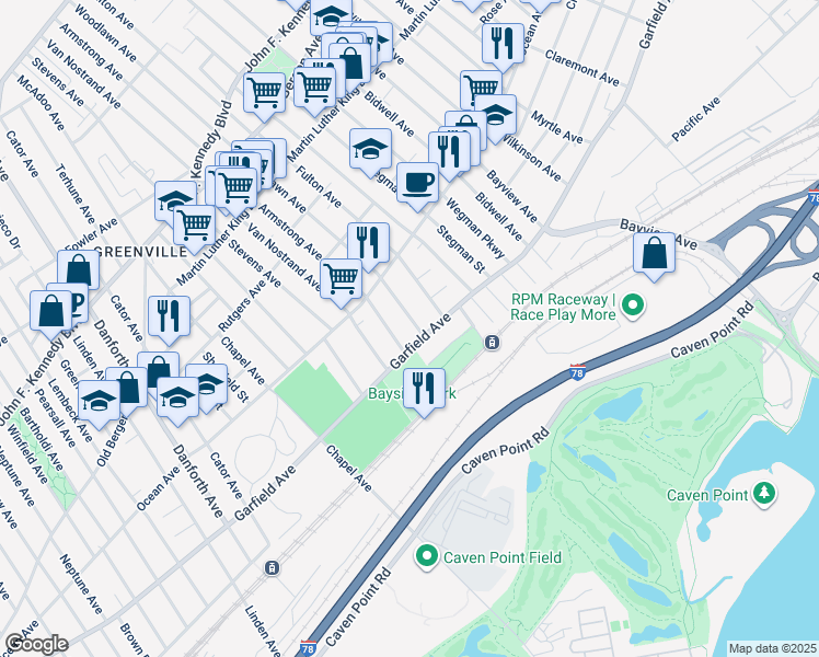 map of restaurants, bars, coffee shops, grocery stores, and more near 13 Woodlawn Avenue in Jersey City