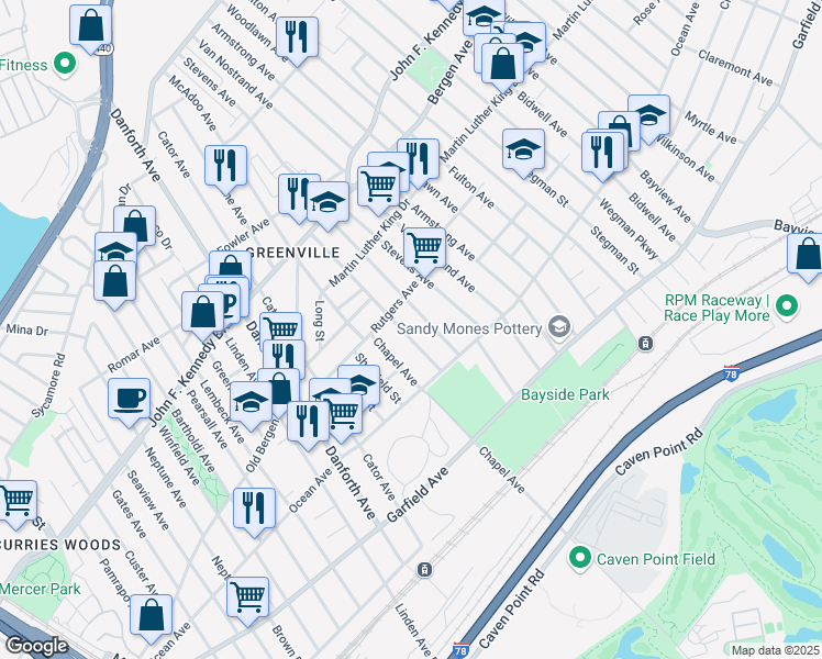 map of restaurants, bars, coffee shops, grocery stores, and more near 48 Warner Avenue in Jersey City