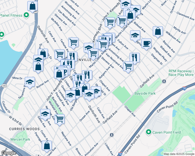 map of restaurants, bars, coffee shops, grocery stores, and more near 61A Rutgers Avenue in Jersey City