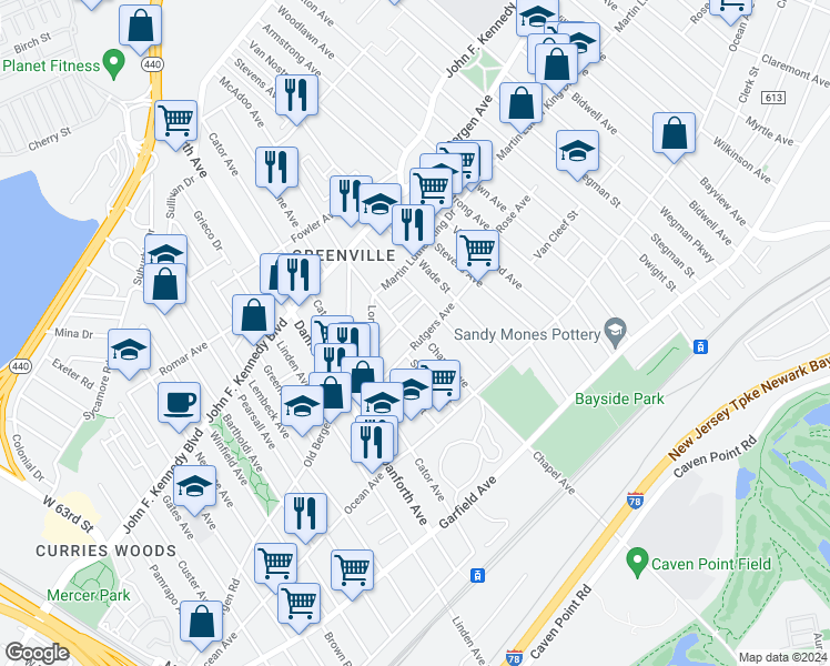 map of restaurants, bars, coffee shops, grocery stores, and more near 61A Rutgers Avenue in Jersey City