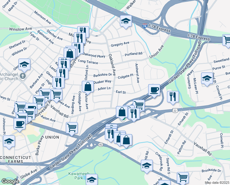 map of restaurants, bars, coffee shops, grocery stores, and more near 1259 Oakland Avenue in Union