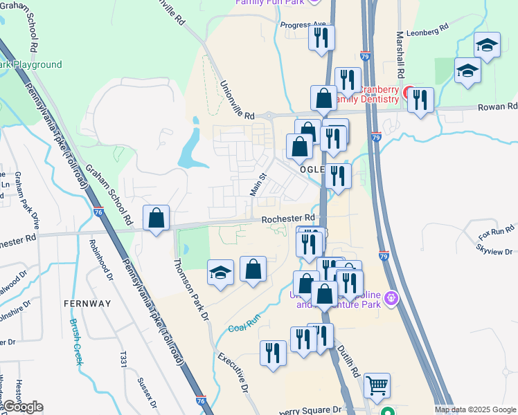 map of restaurants, bars, coffee shops, grocery stores, and more near 2530 Rochester Road in Cranberry Township