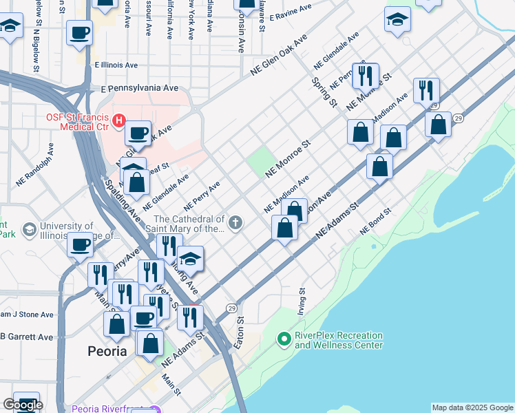 map of restaurants, bars, coffee shops, grocery stores, and more near 809 Northeast Madison Avenue in Peoria