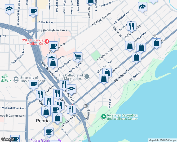 map of restaurants, bars, coffee shops, grocery stores, and more near 707 Northeast Madison Avenue in Peoria