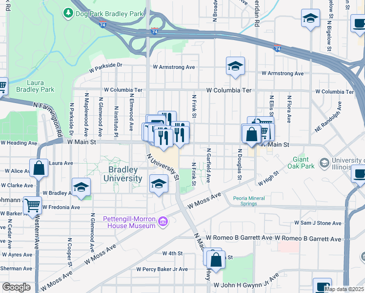 map of restaurants, bars, coffee shops, grocery stores, and more near 1018 West Main Street in Peoria