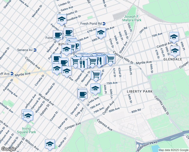map of restaurants, bars, coffee shops, grocery stores, and more near 59-14 Summerfield Street in Queens