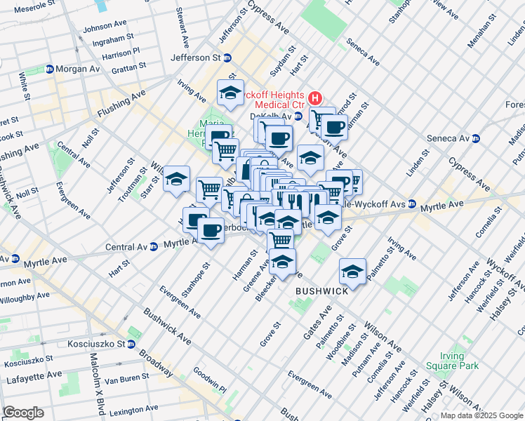 map of restaurants, bars, coffee shops, grocery stores, and more near 221 Himrod Street in Brooklyn
